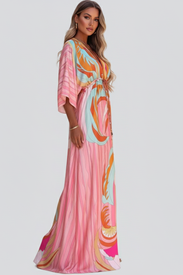 Ruby | Women’s Printed V-Neck Belted Maxi Dress Image