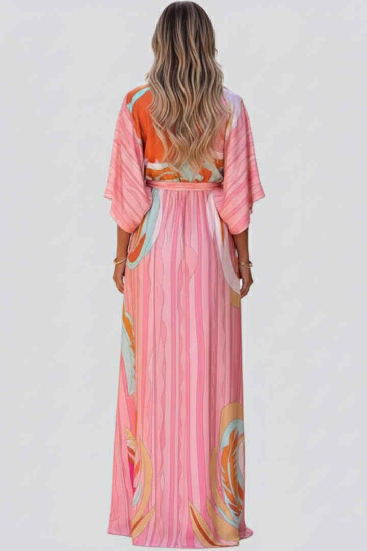 Ruby | Women’s Printed V-Neck Belted Maxi Dress Image