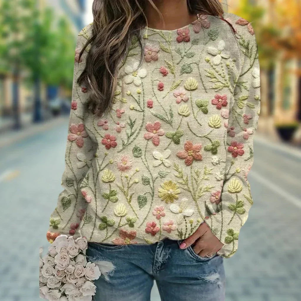 Women's Embroidered Floral Sweatshirt with Crew Neck Image