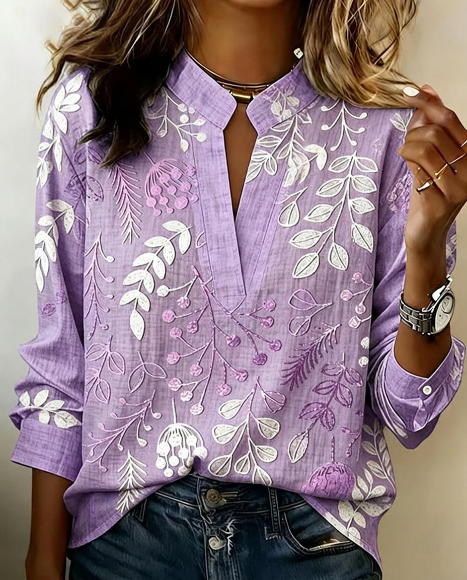 Floral Print Notch Neck Blouse, Long Sleeve, Purple