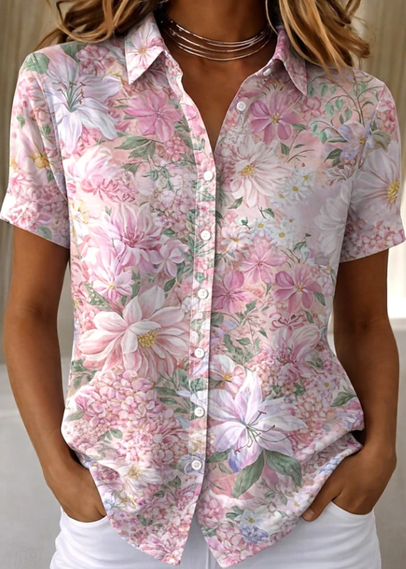 Floral Short Sleeve Button-Up Shirt, Relaxed Fit, Pink
