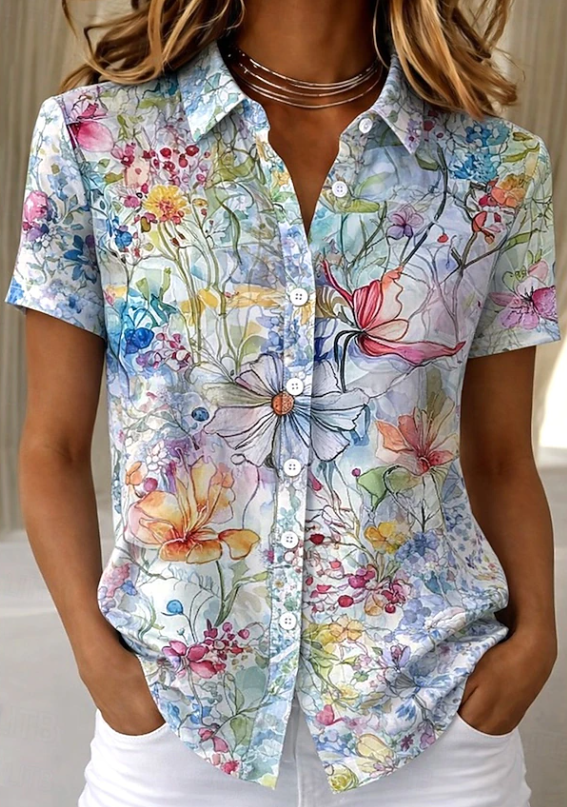 Floral Short Sleeve Button-Up Shirt, Relaxed Fit, Light Blue