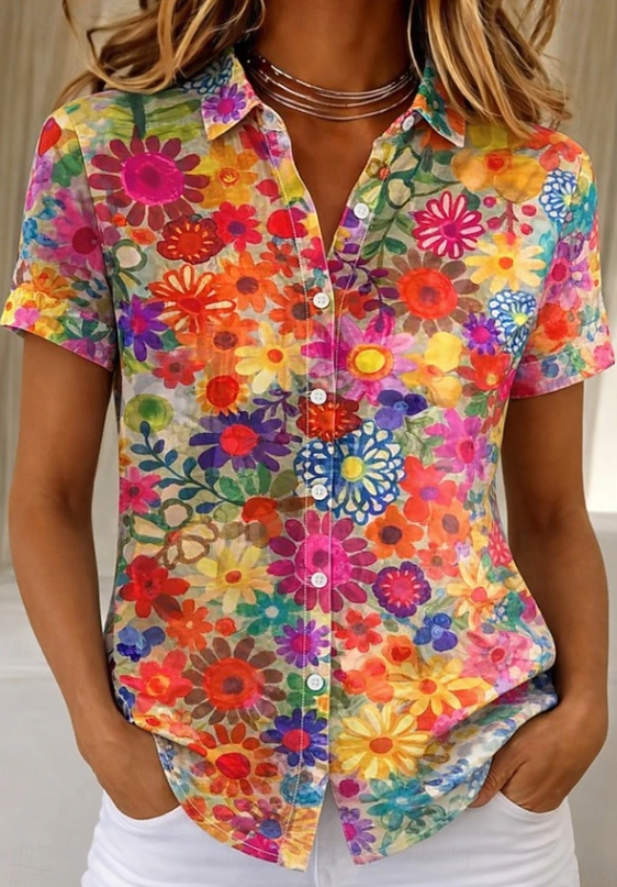 Floral Short Sleeve Button-Up Shirt, Relaxed Fit, Orange