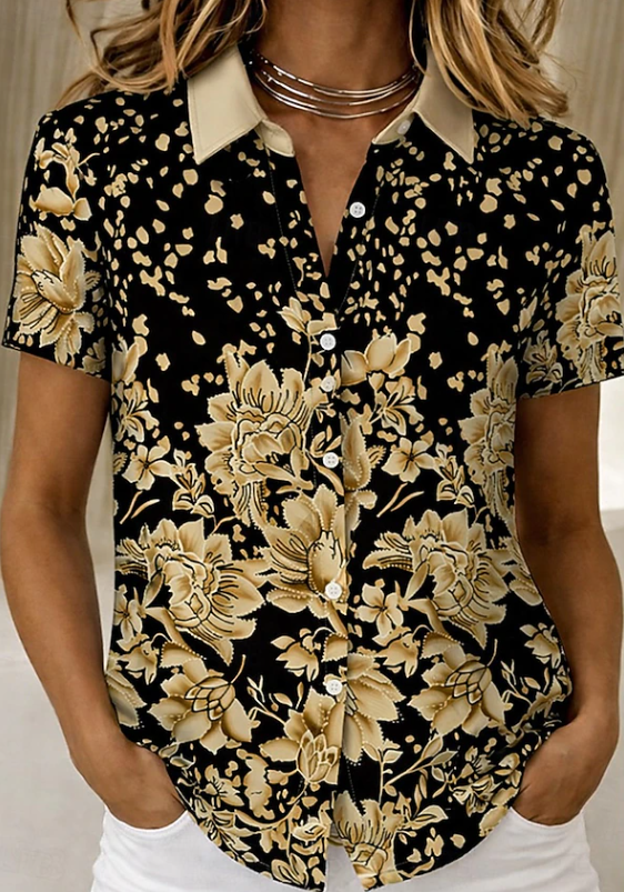Floral Short Sleeve Button-Up Shirt, Relaxed Fit, Gold