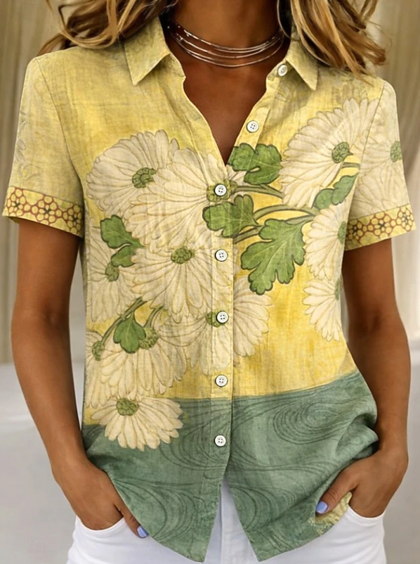 Floral Short Sleeve Button-Up Shirt, Relaxed Fit, Yellow
