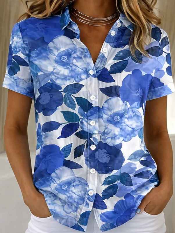 Floral Short Sleeve Button-Up Shirt, Relaxed Fit, Blue