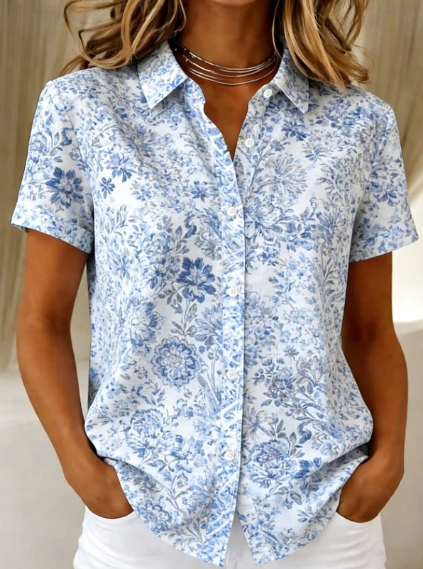Floral Short Sleeve Button-Up Shirt, Relaxed Fit, Sea Blue
