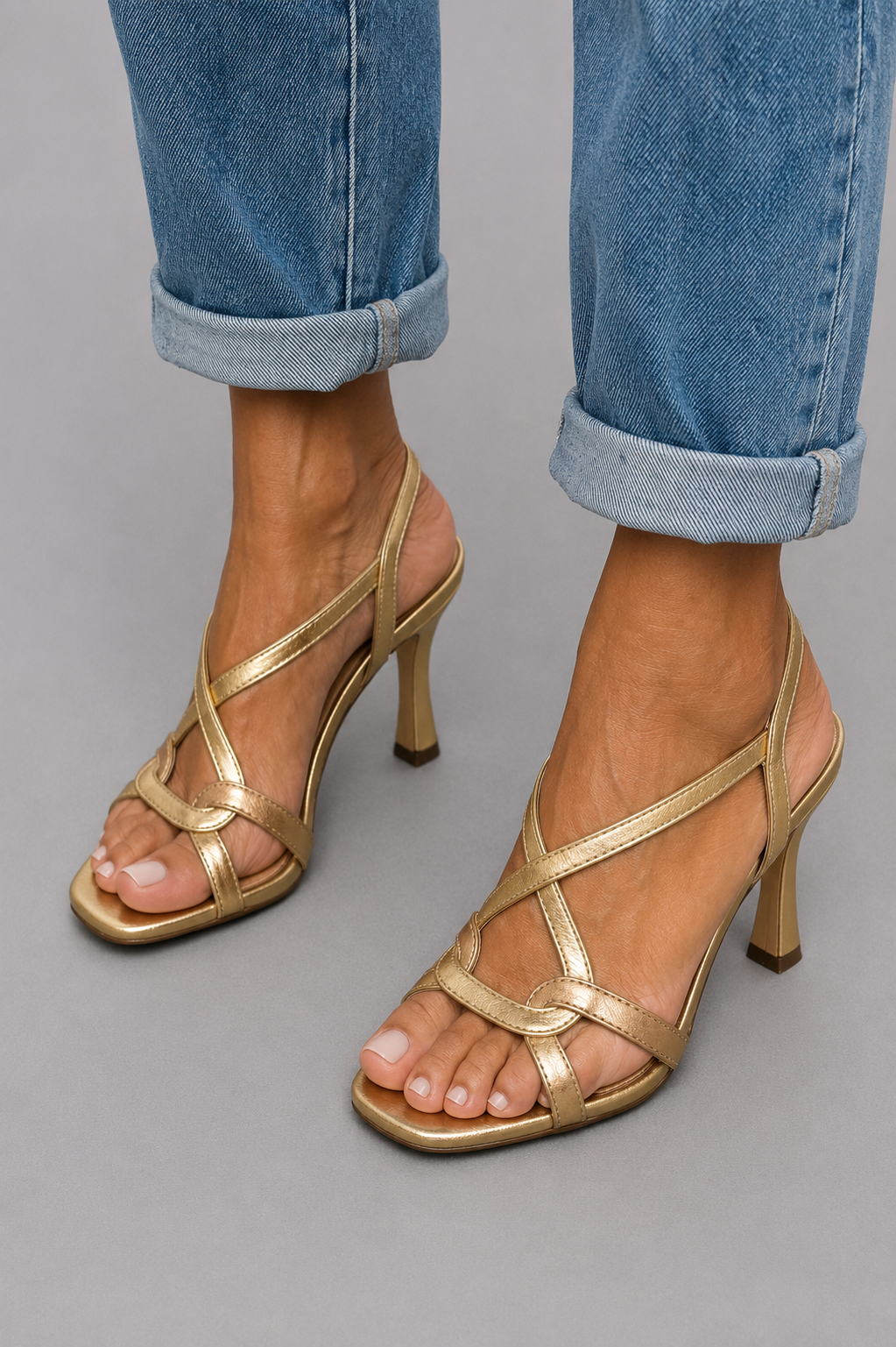 Gold Strappy Heeled Sandals with Square Toe, Gold