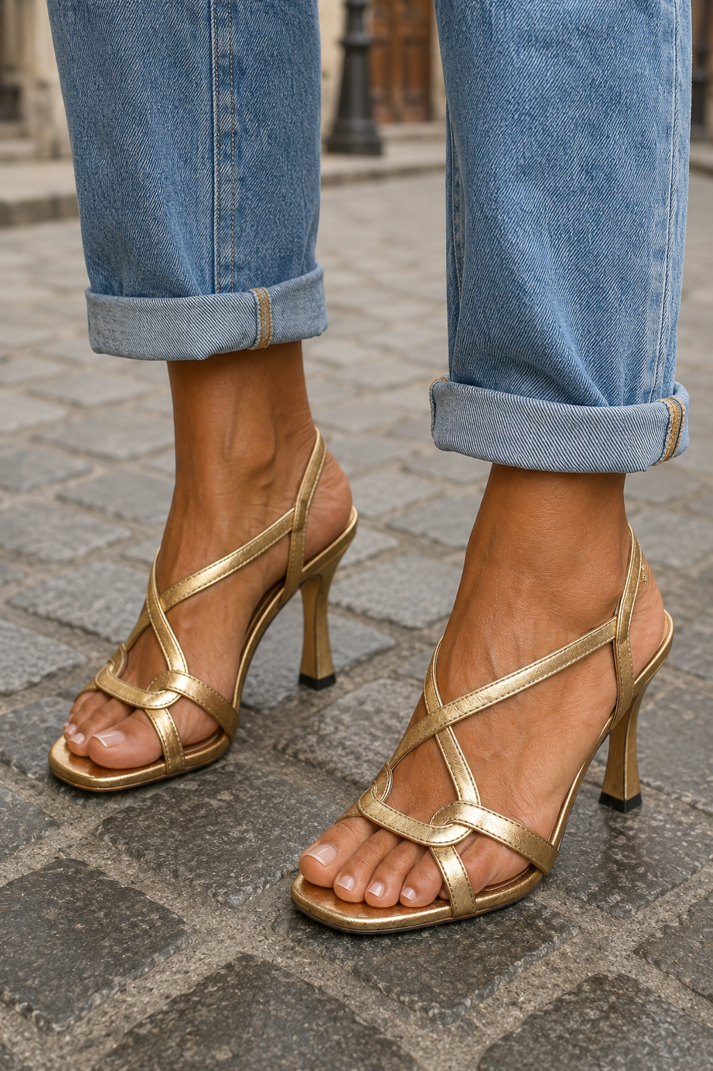 Gold Strappy Heeled Sandals with Square Toe