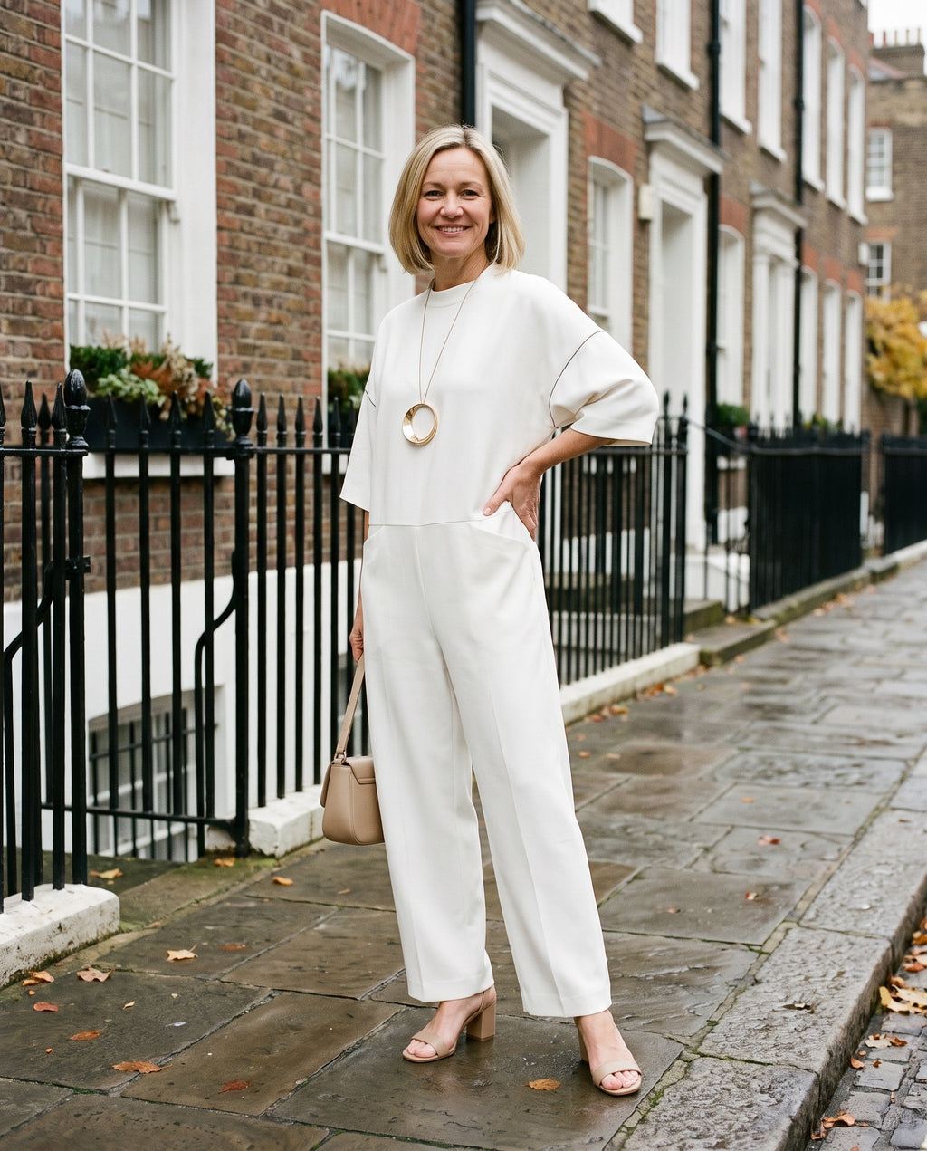 Woman wearing the crew neck wide leg jumpsuit with patch pockets on an English residential street