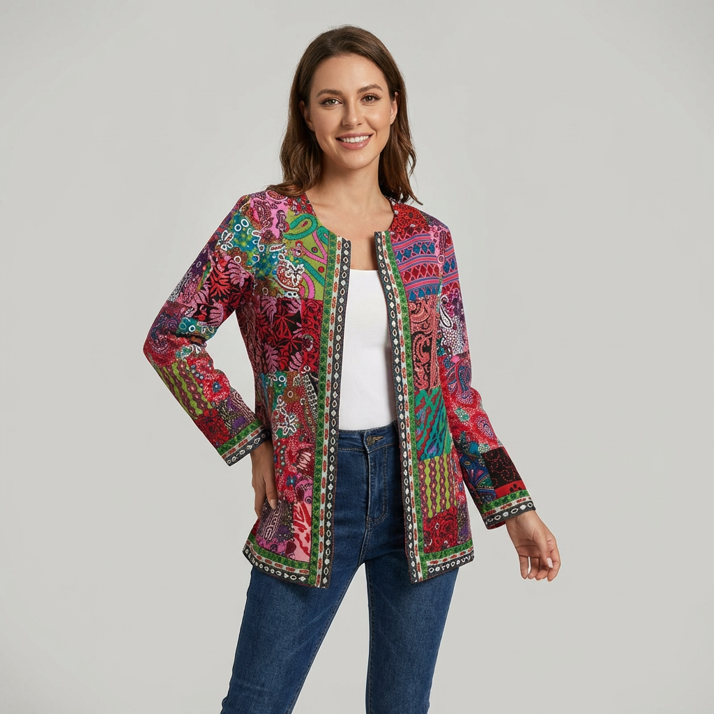 Women's Printed Open-Front Jacket with Long Sleeves Image