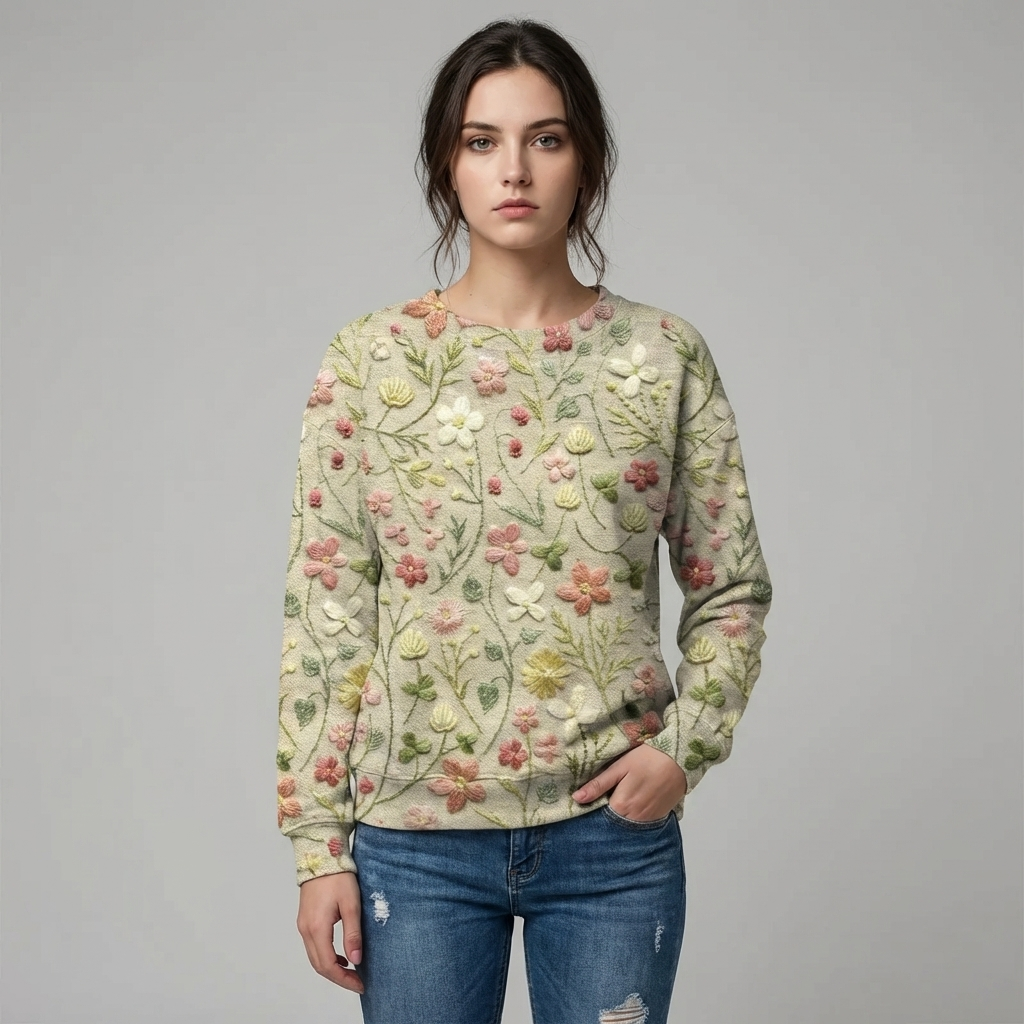Women's Embroidered Floral Sweatshirt with Crew Neck