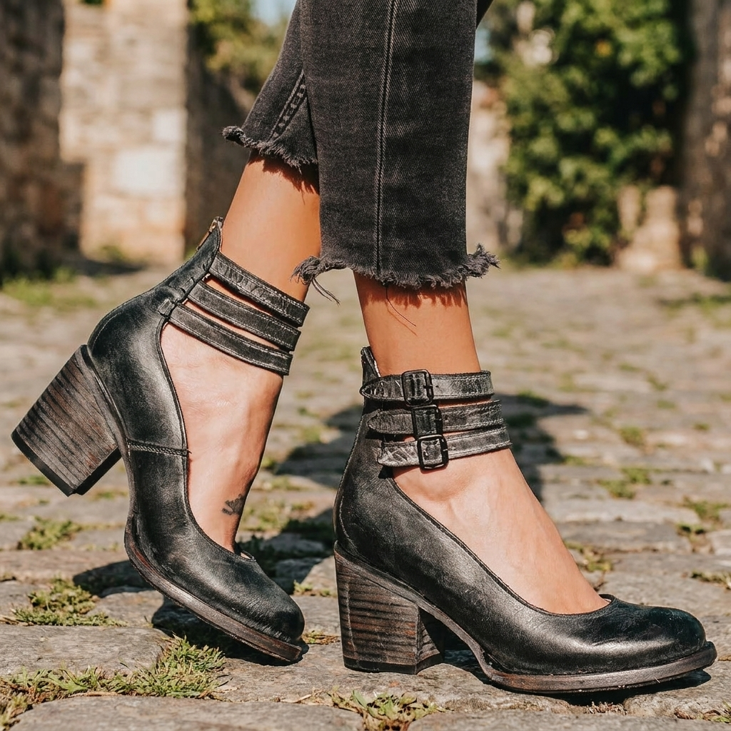 Women's Ankle Strap Block Heel Shoes with Closed Toe