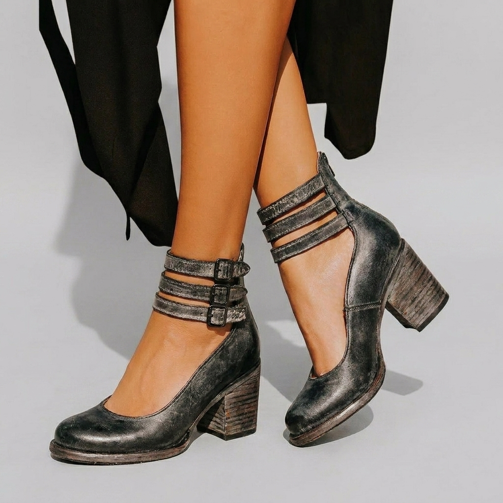 Women's Ankle Strap Block Heel Shoes with Closed Toe