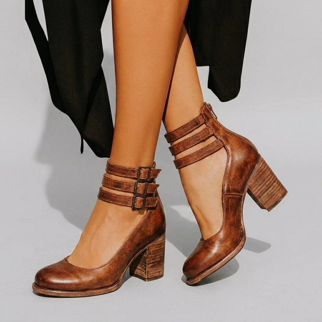 Women's Ankle Strap Block Heel Shoes with Closed Toe