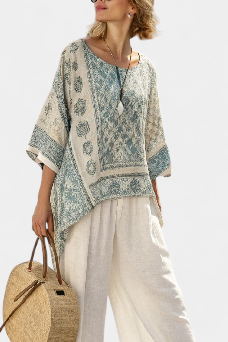 Quinley | Comfortable Printed Blouse & Wide-Leg White Trousers