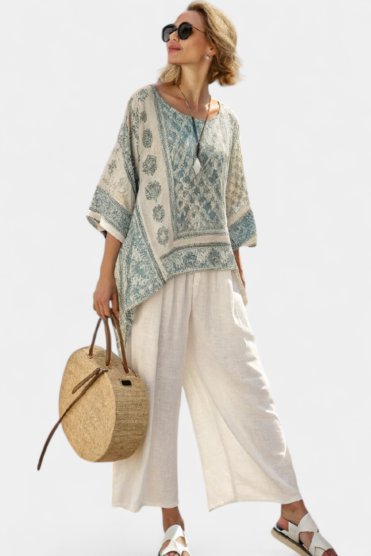 Quinley | Comfortable Printed Blouse & Wide-Leg White Trousers