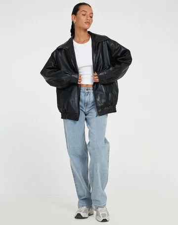 Women's Oversized Leather Jacket with Collar Image