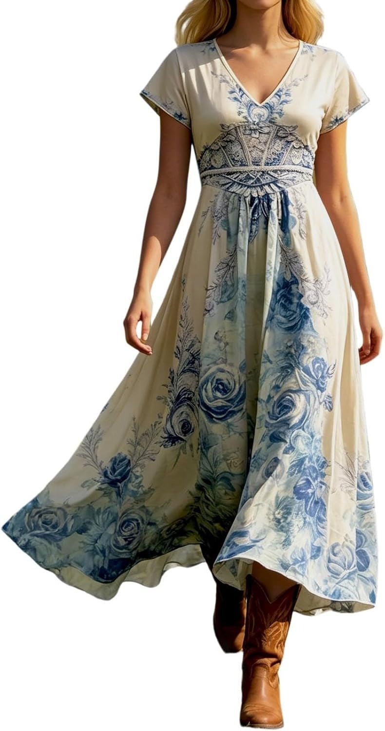 Sophia | Women's V-Neck Short Sleeve Floral Maxi Dress Image