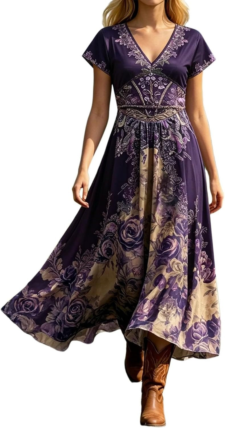 Sophia | Women's V-Neck Short Sleeve Floral Maxi Dress Image