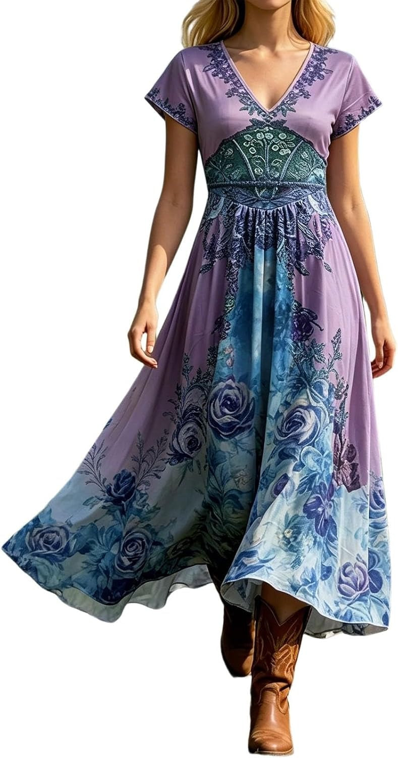 Sophia | Women's V-Neck Short Sleeve Floral Maxi Dress Image