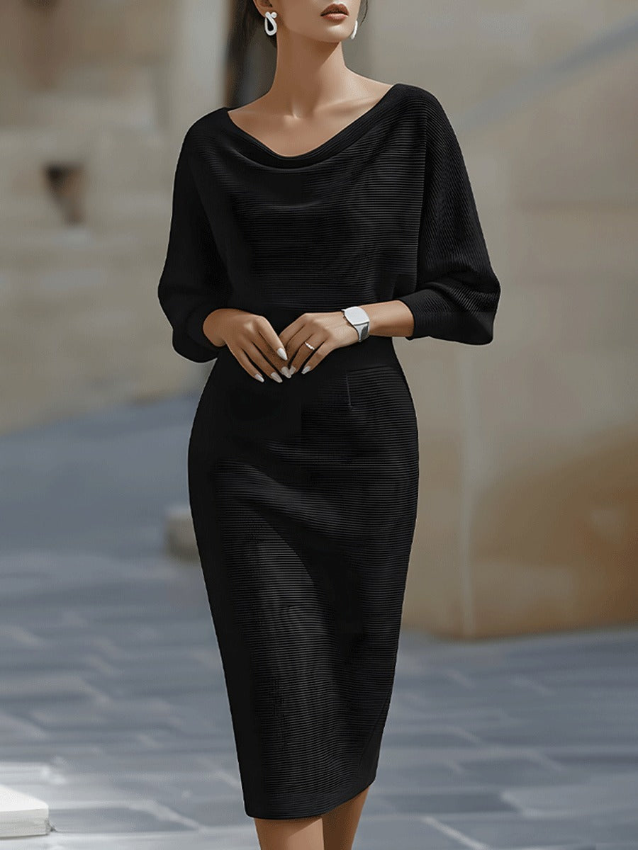 Cowl Neck Knitted Midi Dress with Batwing Sleeves, Black