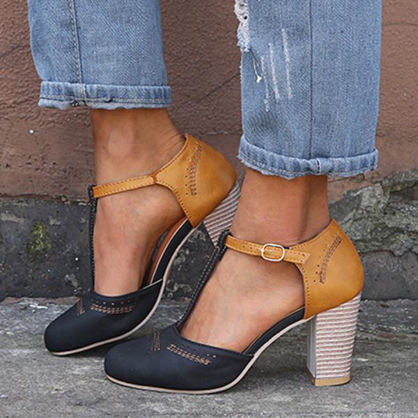 Women's Two-Tone T-Strap Block Heel Shoes