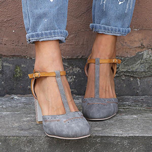 Women's Two-Tone T-Strap Block Heel Shoes
