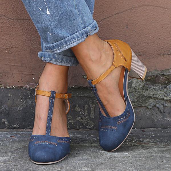 Women's Two-Tone T-Strap Block Heel Shoes