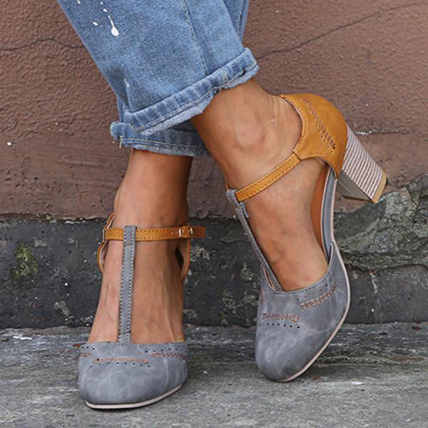 Women's Two-Tone T-Strap Block Heel Shoes