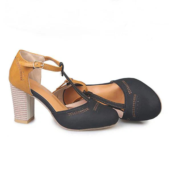 Women's Two-Tone T-Strap Block Heel Shoes