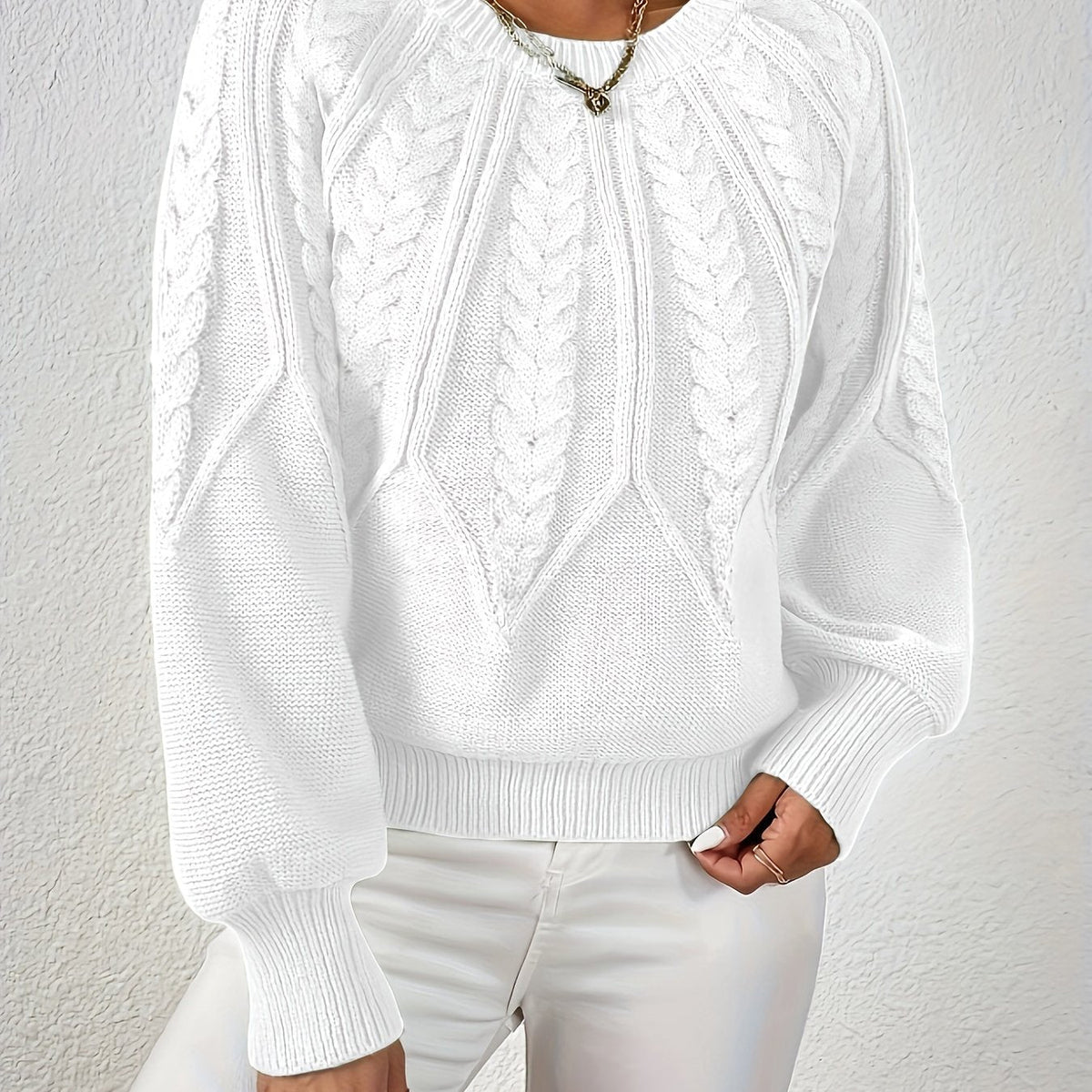 Women's Cable-Knit Cropped Jumper with Ribbed Crew Neck Image