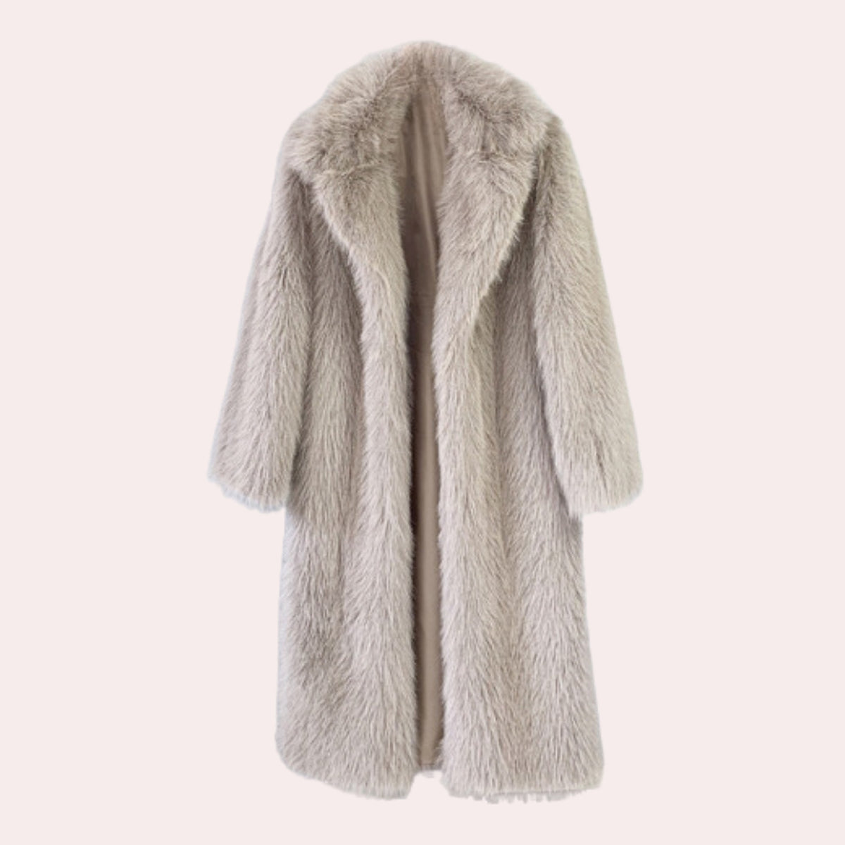 Women's long faux fur coat with wide lapels, beige, product shot