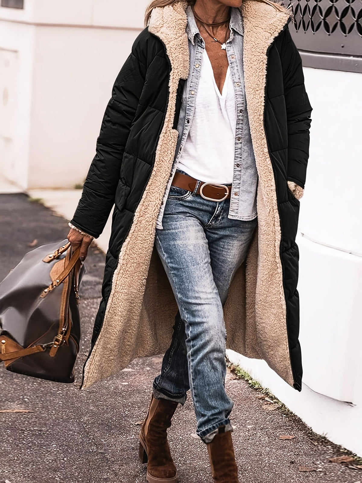 Women's long hooded winter coat with teddy lining, black