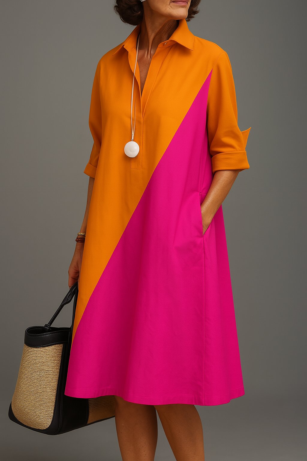 Isabella | Midi Dress Diagonal Colourblock Cotton Collared V-Neck Image