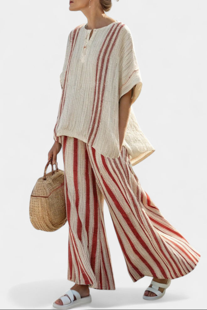 Mirella | Sophisticated Textured Red-Stripe Top & Linen Trousers