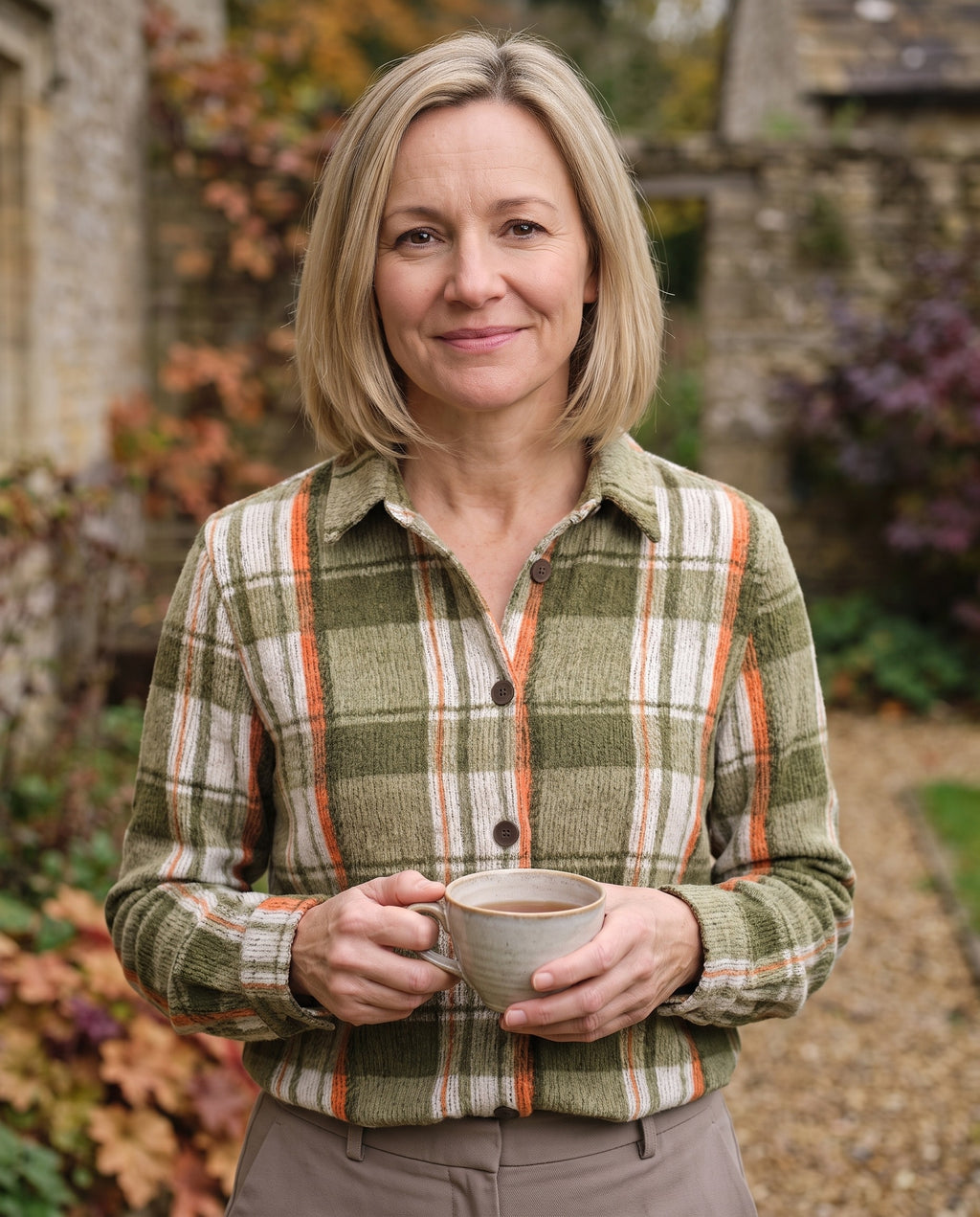 Woman wearing the checkered blouse, close-up of the neckline and fabric