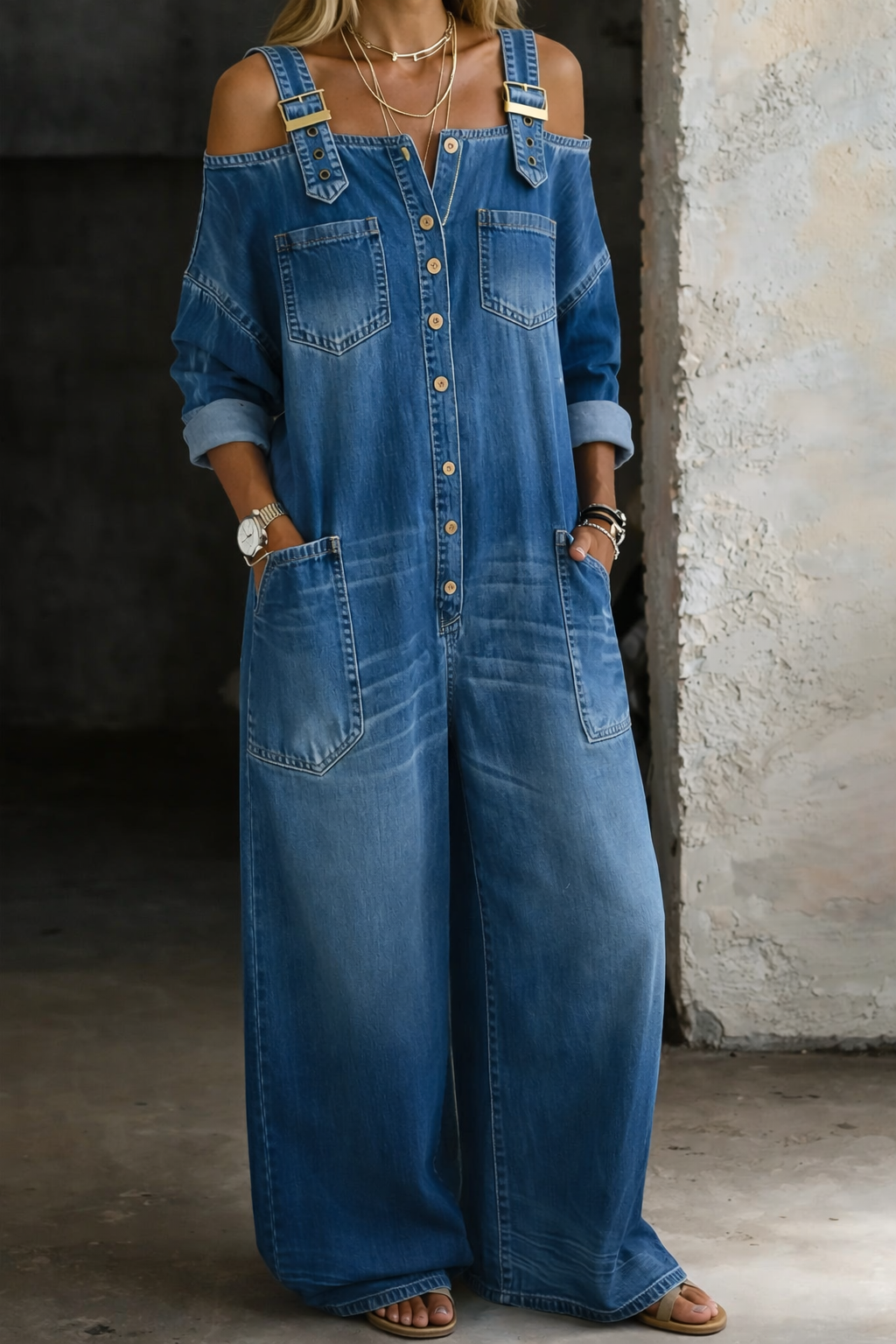 Off-Shoulder Denim Jumpsuit with Buckle Straps, Blue