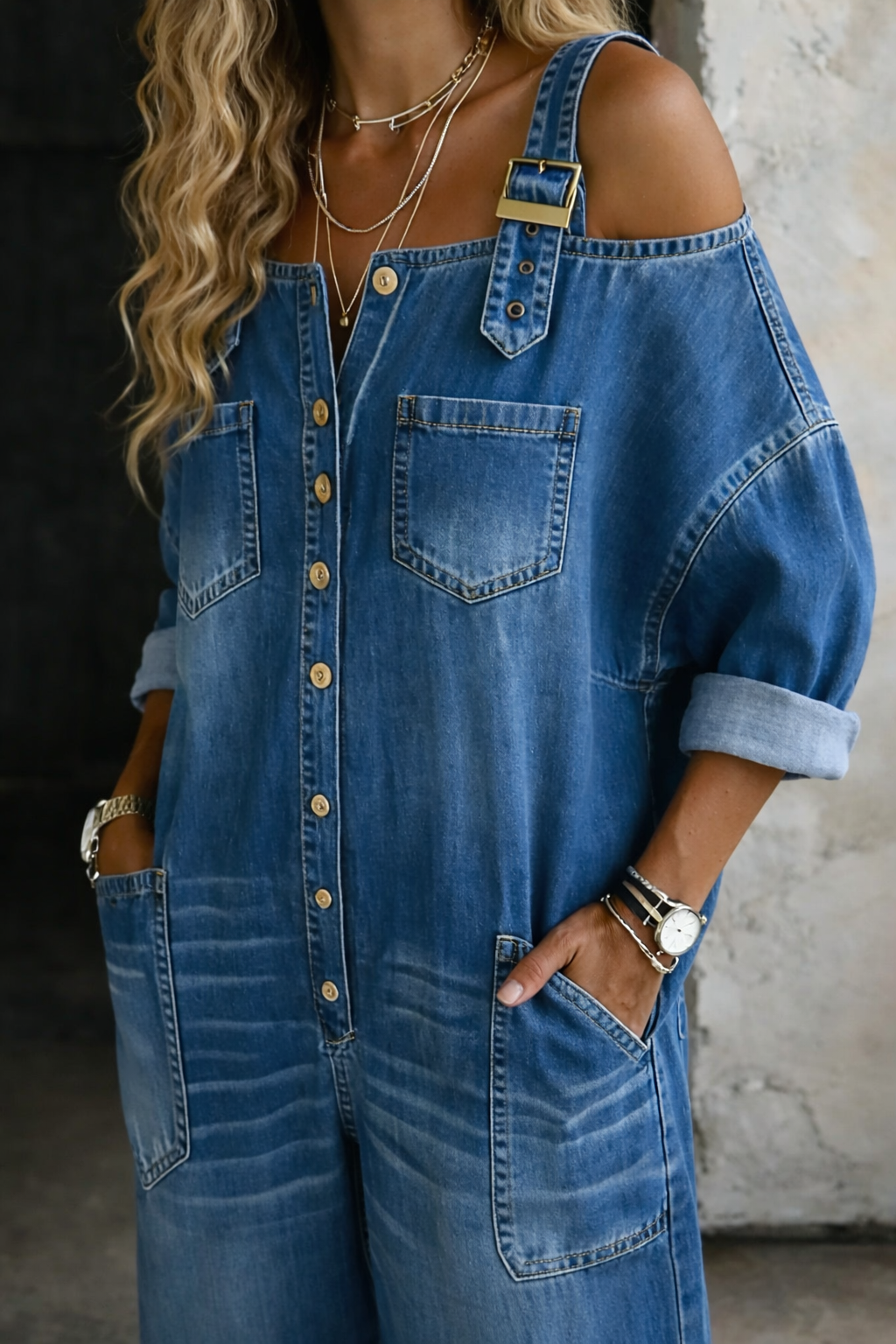Off-Shoulder Denim Jumpsuit with Buckle Straps Image