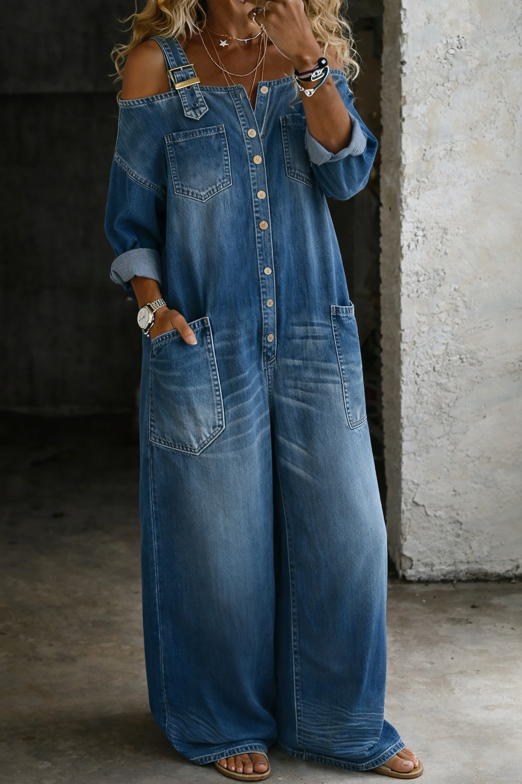 Off-Shoulder Denim Jumpsuit with Buckle Straps