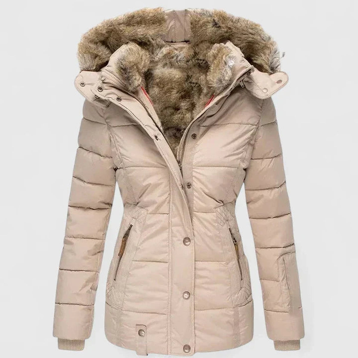 Women's quilted winter coat with fluffy lined hood, beige