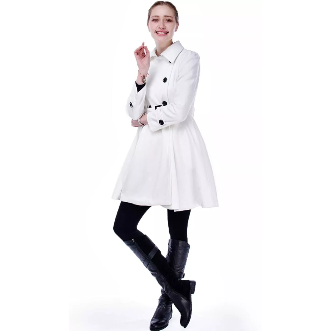 Women's Double-Breasted Belted Coat with Flared Skirt Image