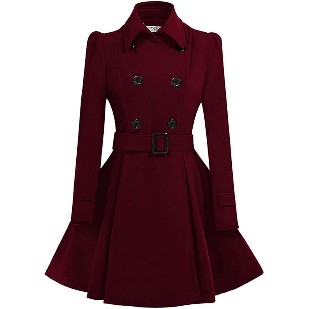 Women's Double-Breasted Belted Coat with Flared Skirt