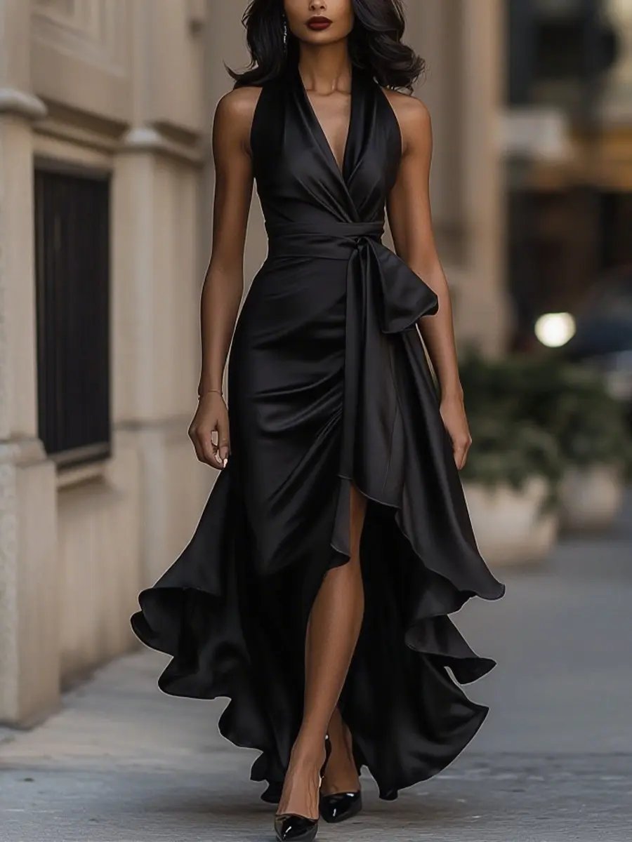 Satin-Finish Halterneck Maxi Dress with Tie Waist, Black