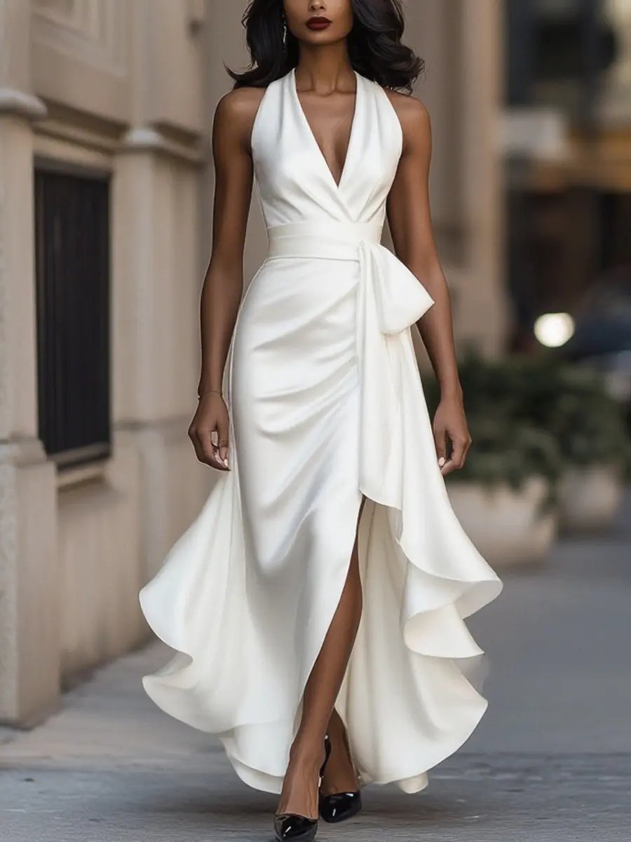 Satin-Finish Halterneck Maxi Dress with Tie Waist, White