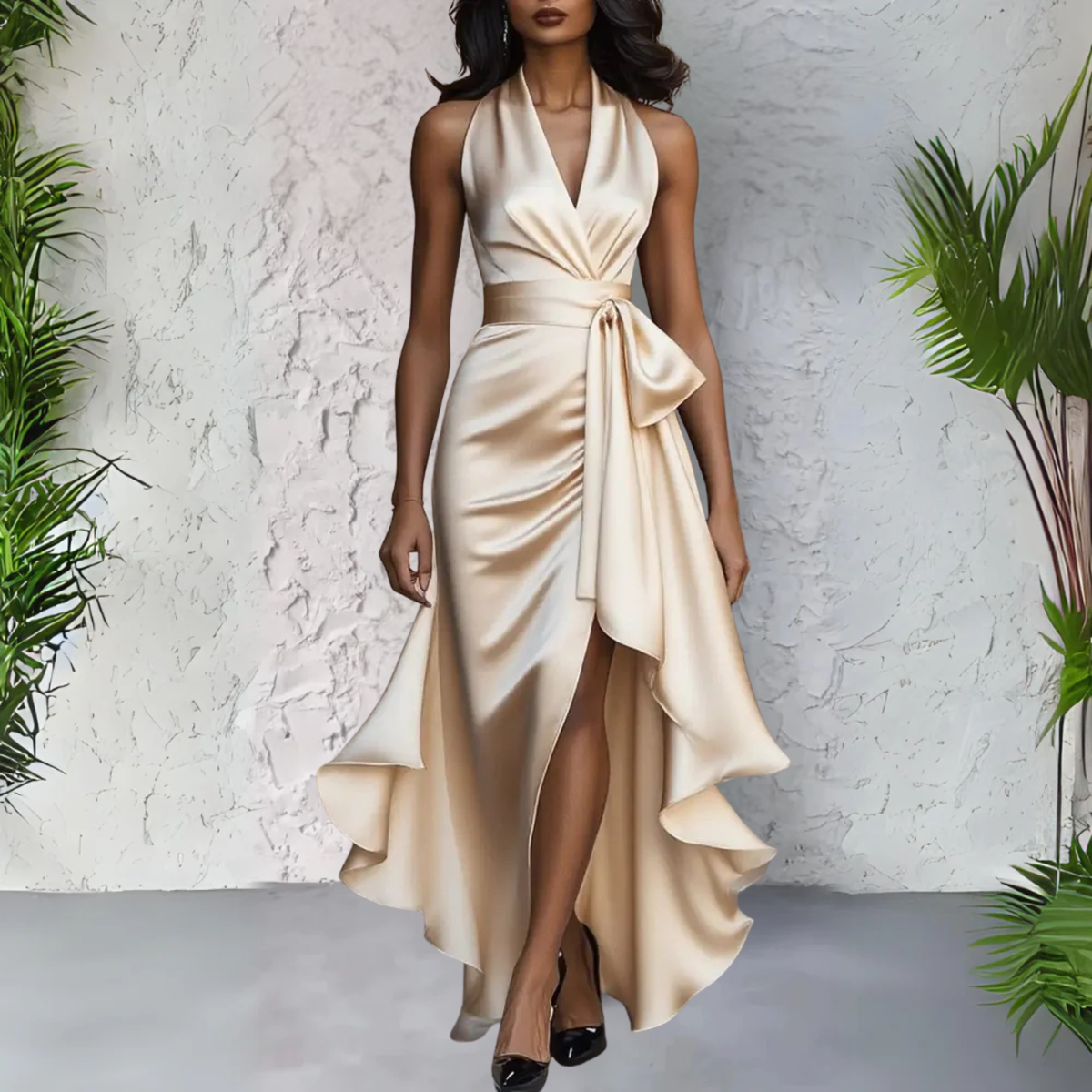 Satin-Finish Halterneck Maxi Dress with Tie Waist