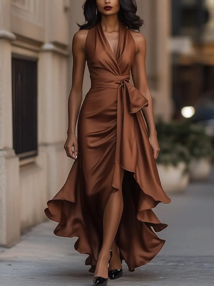 Satin-Finish Halterneck Maxi Dress with Tie Waist, Brown