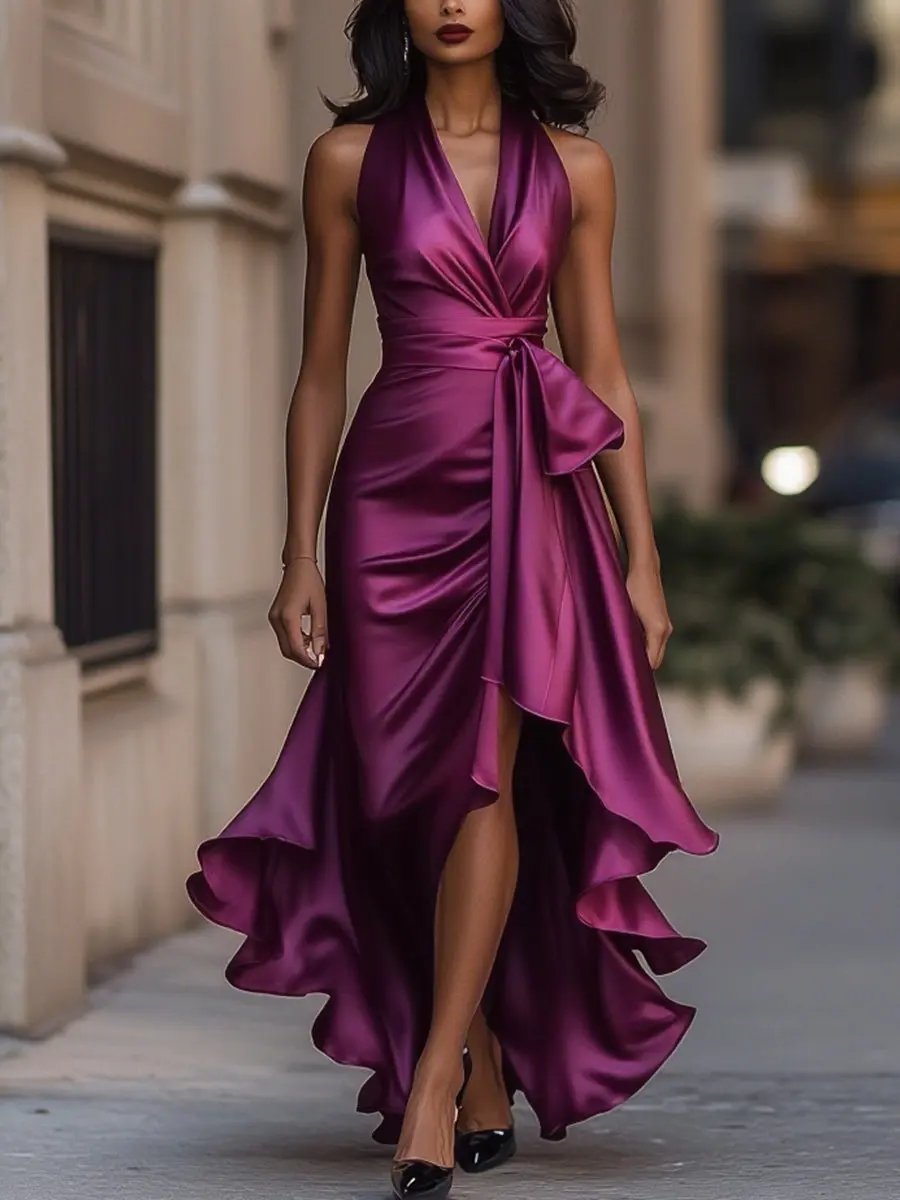 Satin-Finish Halterneck Maxi Dress with Tie Waist, Dark Pink