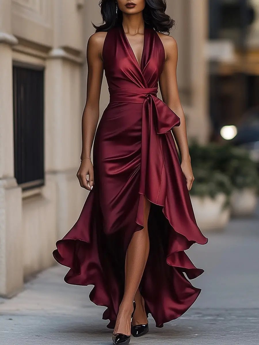 Satin-Finish Halterneck Maxi Dress with Tie Waist, Burgundy Image