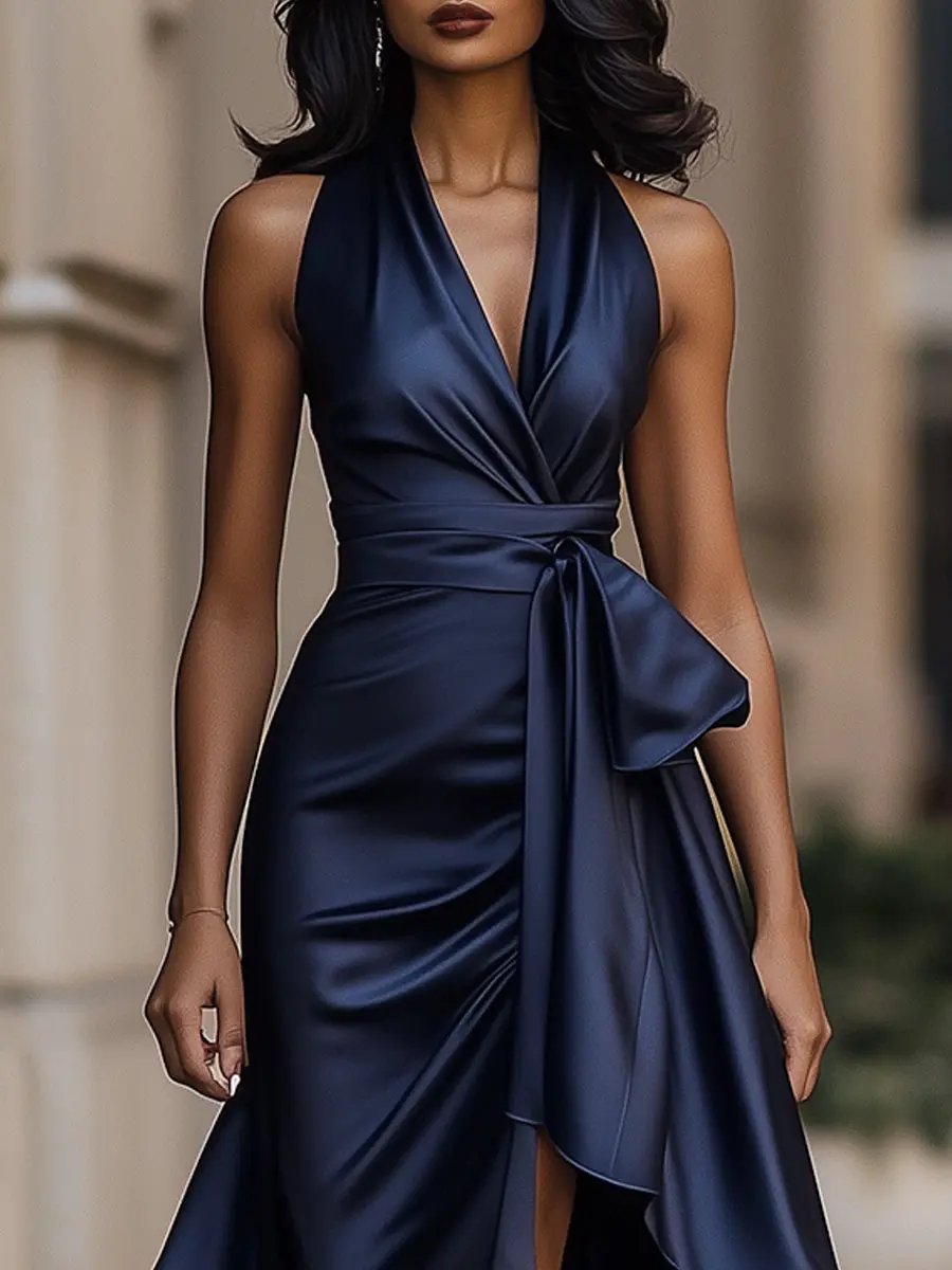 Satin-Finish Halterneck Maxi Dress with Tie Waist
